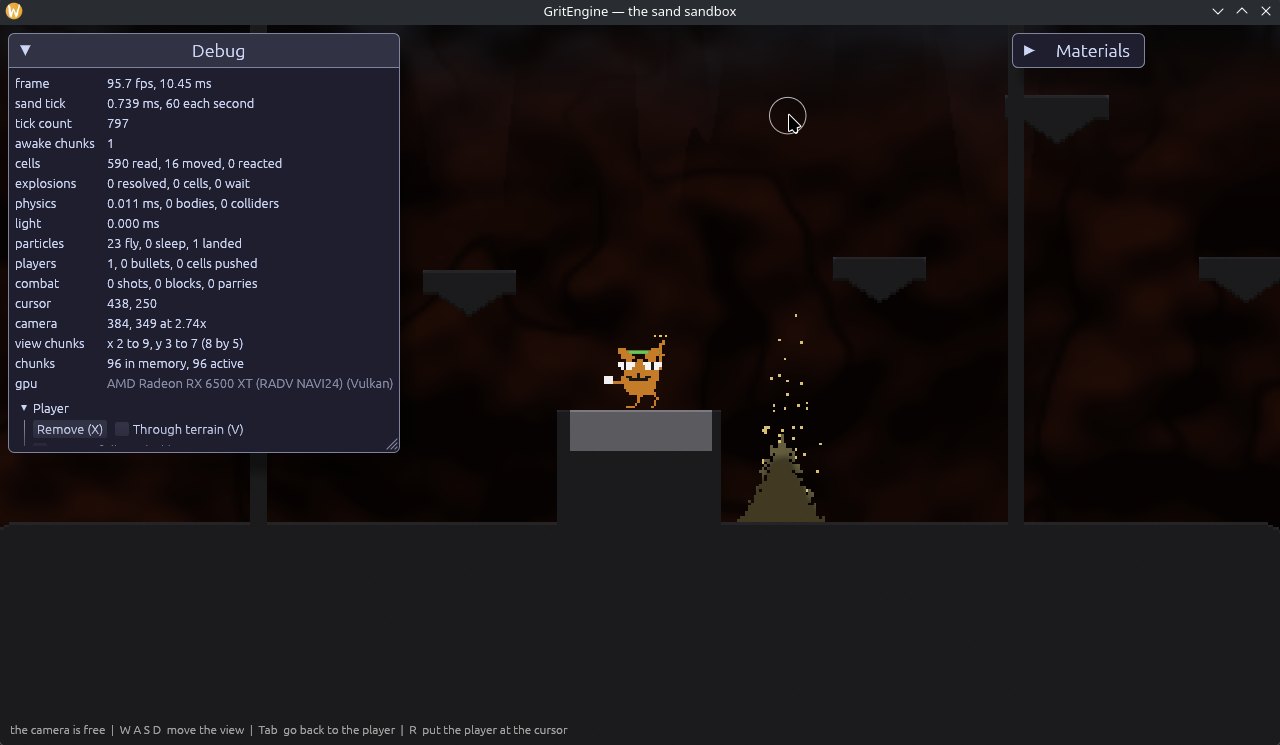 The sandbox on a quiet scene: the debug panel showing frame and simulation timings, a player character on a stone platform, and sand pouring into a heap beside it