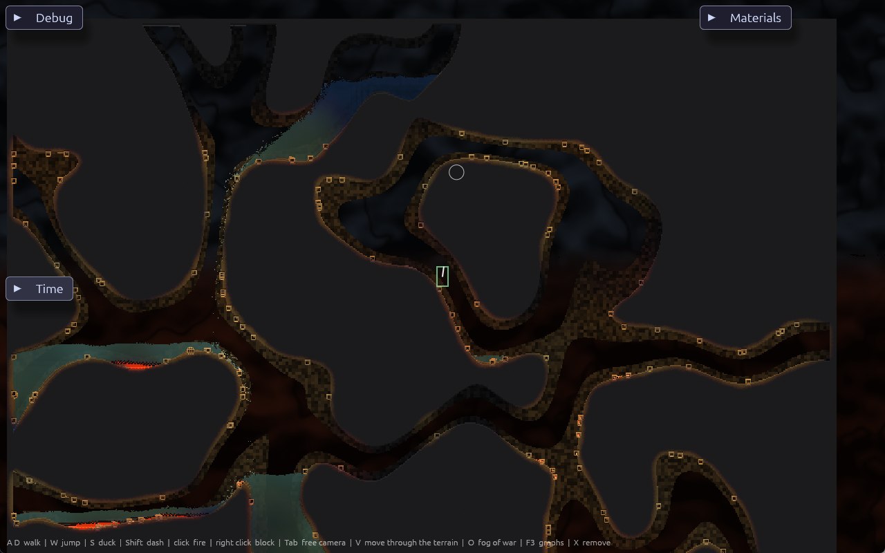 grit engine sandbox: a destructible pixel cave with lava, water, and torches