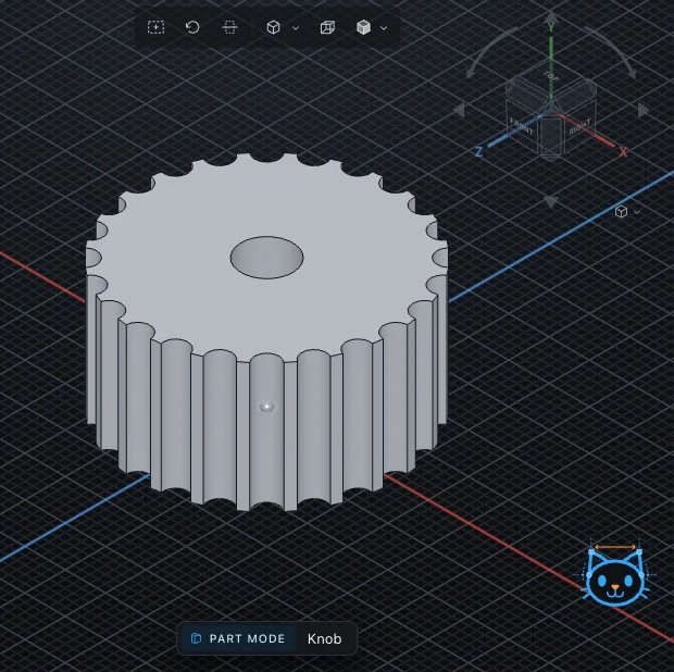 A knurled knob modeled in NekoCAD, with the cat mascot in the corner of the viewport