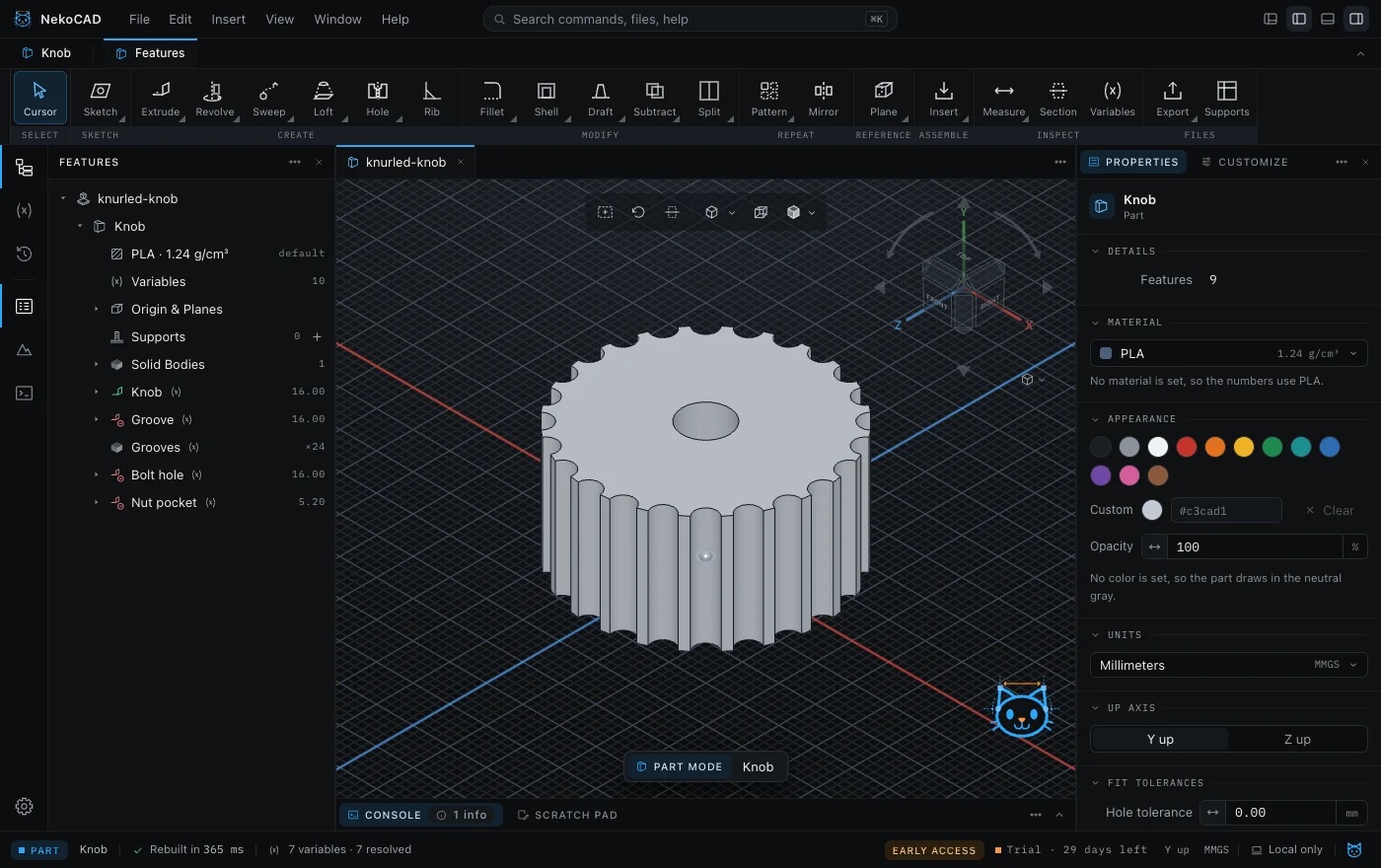 NekoCAD in part mode: a knurled knob in the viewport, the feature tree on the left with a groove patterned 24 times, and the properties panel on the right