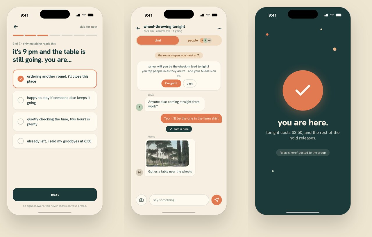 Three more screens: a questionnaire card asking what you do when the table is still going at 9pm, the event group chat with a check-in lead prompt, and a full-screen you are here confirmation