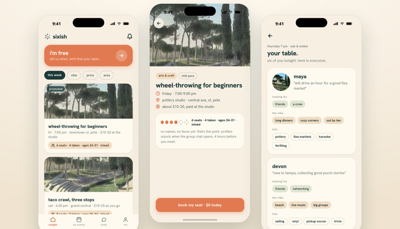 Three sixish screens side by side: the event feed with an i'm free banner, an event detail for a wheel-throwing class showing seats taken and an age band, and the table card listing who is coming tonight